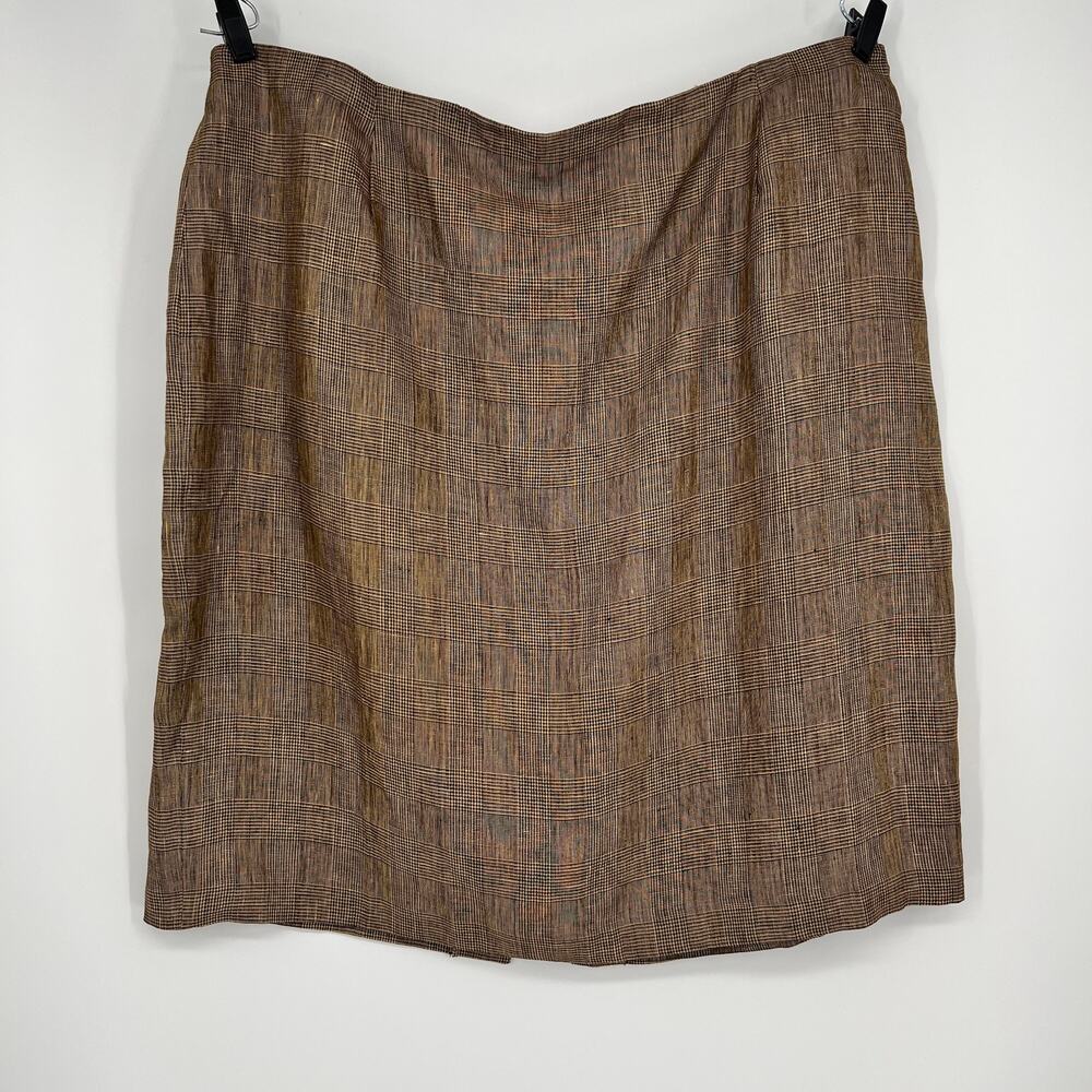 Vtg Tamotsu NY 100% Linen Pencil Skirt Women 24W Black Brown Glen Plaid NEW USA